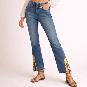 Boho Split Hem Beaded Ankle Jeans Festival Western Indie Denim Women 25